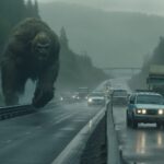 1) Cars are getting thrown by a large troll on a highway, realistic light, mist,...