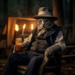 A black cat cowboy sitting in a rocking chair by a fire in the woods holding a b...