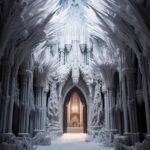 Inside a huge frosted gothic cathedral made of ice ::10, it is snowing inside th...