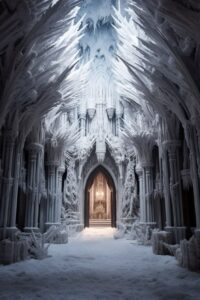 Inside a huge frosted gothic cathedral made of ice ::10, it is snowing inside th...