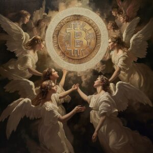 a painting featuring an image of a bitcoin surrounded by angels, in the style of...