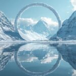 Minimalist 3D product showcase, circular arctic view, white background, blue sky...