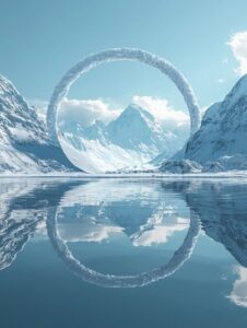 Minimalist 3D product showcase, circular arctic view, white background, blue sky...