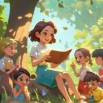 A beautiful female teacher was teaching the children the alphabet, in the forest...