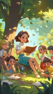 A beautiful female teacher was teaching the children the alphabet, in the forest...
