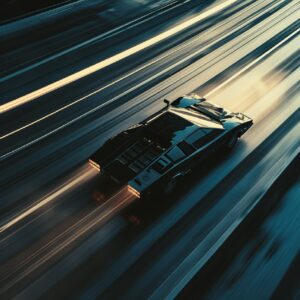 cinematic frame, movie directed by christopher nolan, a Lamborghini Countach dri...