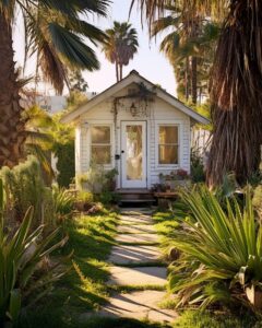 Eye - Level Shot of small Venice Beach cottage with a grass garden, overlooking ...