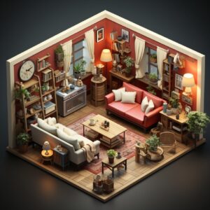 A living room style isometric design is shown here, in the style of 2d game art,...
