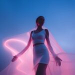 Iridescent Pastel, minimalist photography, distopian woman in heavy fog, movemen...