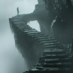 long staircase curves off the right side of the screen, a creature walks up it, ...