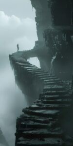 long staircase curves off the right side of the screen, a creature walks up it, ...