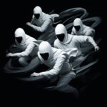 minimalistic, a bunch of white ninjas running at the corner of a black backgroun...