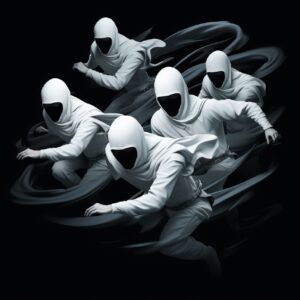 minimalistic, a bunch of white ninjas running at the corner of a black backgroun...
