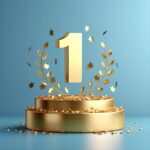 Top 1 best podium award sign, golden object. Vector illustration. Vibrant blue b...