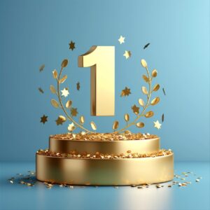Top 1 best podium award sign, golden object. Vector illustration. Vibrant blue b...