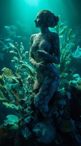 beautiful old stone sculpture of a woman overgrown by bioluminescent corals, Pho...