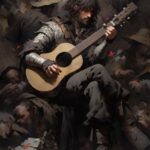 A D& D Human Bard, shrouded in shadows with a lute, in the style of dark fan...