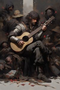 A D& D Human Bard, shrouded in shadows with a lute, in the style of dark fan...