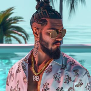 bigger Peruvian male with a man bun, goatee with low fade sides, 3D funko pop lo...
