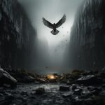 A bird is flying over a rock, in the style of experimental filmmaking, zhichao c...