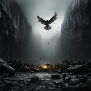 A bird is flying over a rock, in the style of experimental filmmaking, zhichao c...