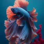 Photographic film still of a betta fish, blue background, water, coral and algae...