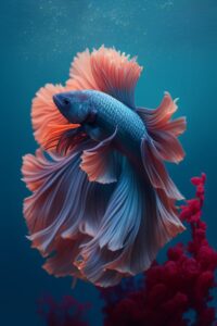 Photographic film still of a betta fish, blue background, water, coral and algae...