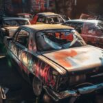 Graffiti on cars. V5Prompt - rare low-rider car stands on top level floor roof o...