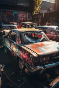 Graffiti on cars. V5Prompt - rare low-rider car stands on top level floor roof o...