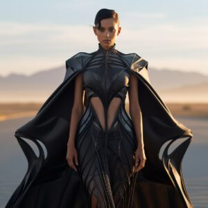 futuristic dress, geometrical, black plastic, 3D printed, ethereal, full-body, l...