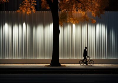 An individual riding a bike along a pedestrian path through a tall white streaml...
