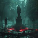 A gripping cover image for a sci-fi horror story. The scene is set in a dark, ee...
