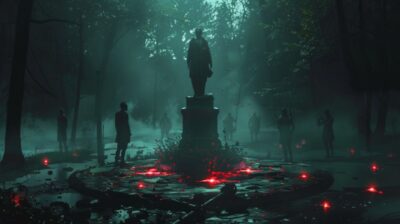 A gripping cover image for a sci-fi horror story. The scene is set in a dark, ee...