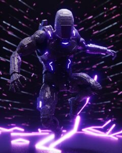 A high detail 8k 3D render full body establishing action shot of a far future cy...
