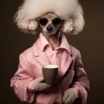 Poodle in clothes drinking coffee --uplight --style rawby shmoylovVar: shiba inu...