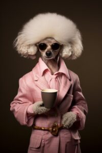 Poodle in clothes drinking coffee --uplight --style rawby shmoylovVar: shiba inu...