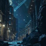 an asteroid belt at night standing near a city building, in the style of realist...