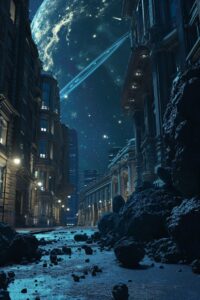 an asteroid belt at night standing near a city building, in the style of realist...