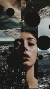 a vision board collage, inspired by melancholy, rain, ocean, night, wet earth, b...