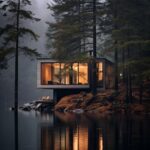 small cabin lakeside house, exterior, high angle, moody weather, photo by Fernan...