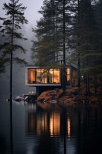 small cabin lakeside house, exterior, high angle, moody weather, photo by Fernan...