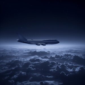 a Boeing 747 appearing just above the clouds on a dark night in a moody scene --...