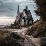 photo of a tall, thin cottage, mix between Harry Potter style and victorian arch...