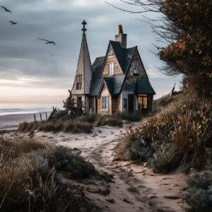 photo of a tall, thin cottage, mix between Harry Potter style and victorian arch...