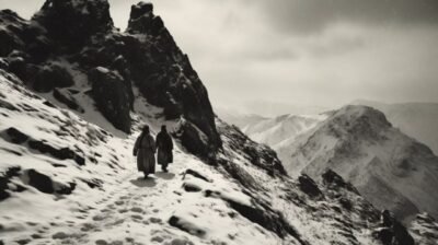 Tibetan monks are walking in the snow-covered mountains, vintage photo of the 40...