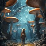 A woman walking through a giant fungi forest, with a sky with three moons and th...