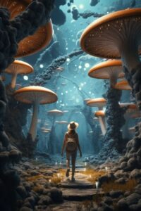 A woman walking through a giant fungi forest, with a sky with three moons and th...