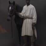 Dystopic, a white african monk with his horse, arctic street fashion, Volcano ic...