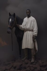Dystopic, a white african monk with his horse, arctic street fashion, Volcano ic...
