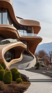 a house in mazandaran,iran with wooden walls inspierd by zaha hadid --ar 9:16 --...